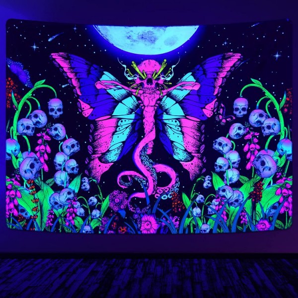 Skull Butterfly - UV Reactive Tapestry with Wall Hanging Accessories UK