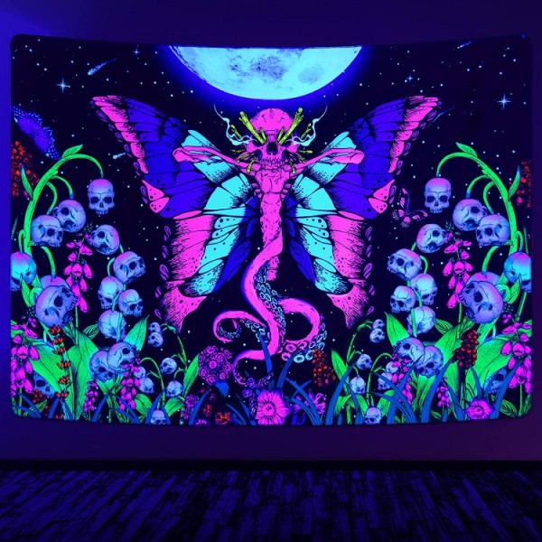 Skull Butterfly - UV Reactive Tapestry with Wall Hanging Accessories UK