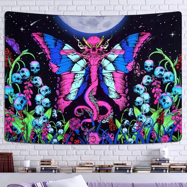 Skull Butterfly - UV Reactive Tapestry with Wall Hanging Accessories UK