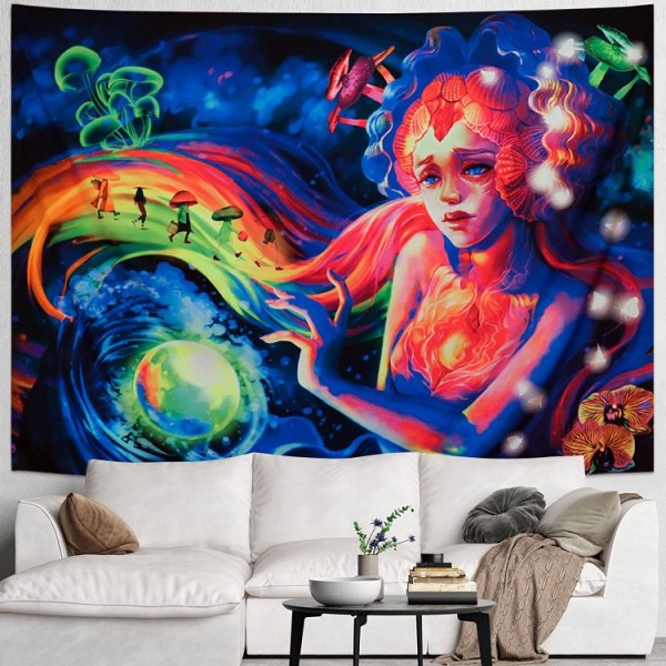 Psychedelic Girl - UV Reactive Tapestry with Wall Hanging Accessories UK