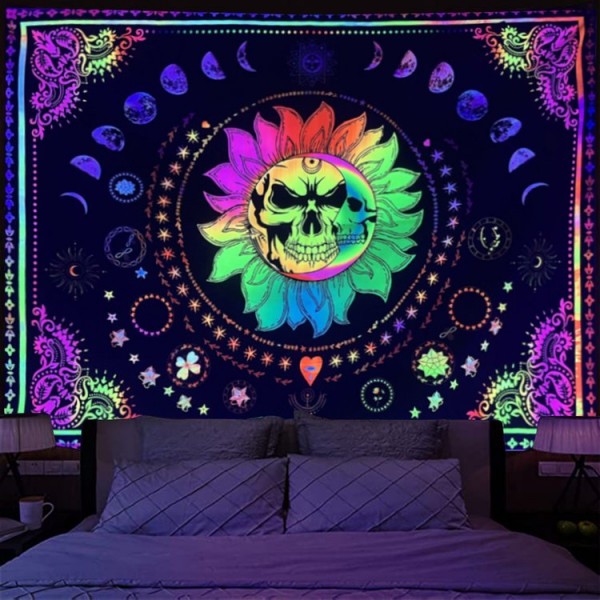 Skull Moon - UV Reactive Tapestry with Wall Hanging Accessories UK