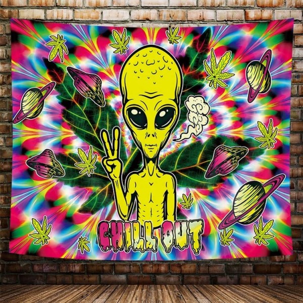 Psychedelic Weed - UV Reactive Tapestry with Wall Hanging Accessories UK