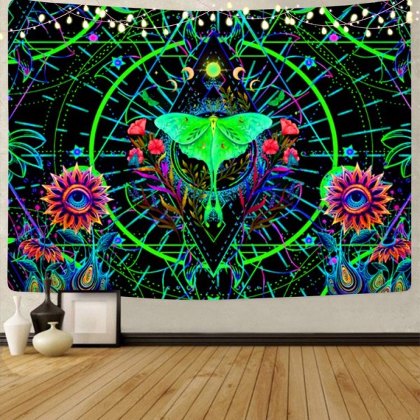 Psychedelic Flower - UV Reactive Tapestry with Wall Hanging Accessories UK