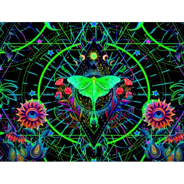 Psychedelic Flower - UV Reactive Tapestry with Wall Hanging Accessories UK