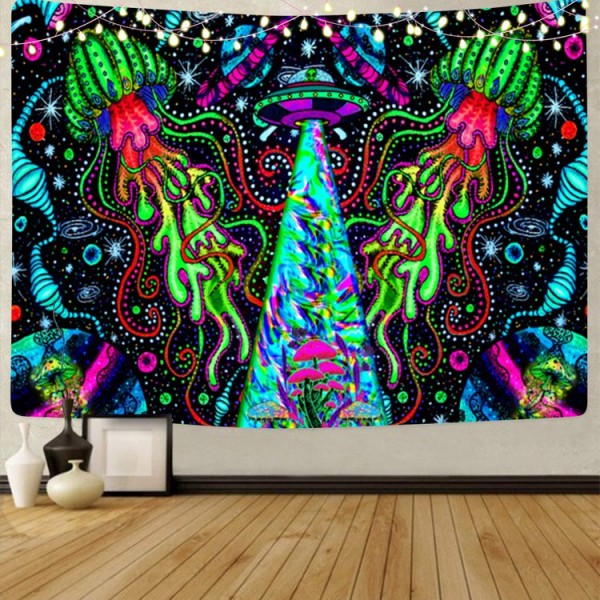 Psychedelic Alien - UV Reactive Tapestry with Wall Hanging Accessories UK