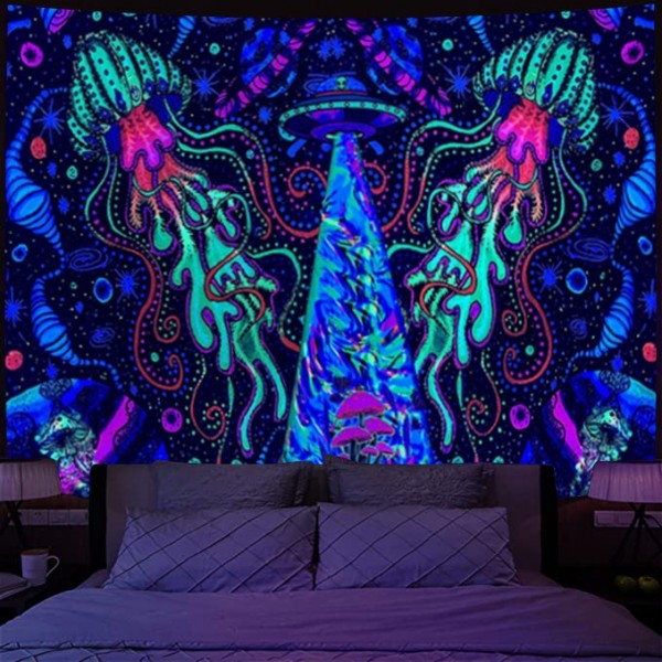 Psychedelic Alien - UV Reactive Tapestry with Wall Hanging Accessories UK