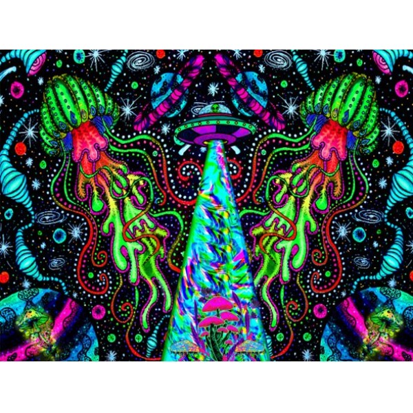 Psychedelic Alien - UV Reactive Tapestry with Wall Hanging Accessories UK