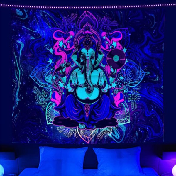 Elephant Buddha - UV Reactive Tapestry with Wall Hanging Accessories UK