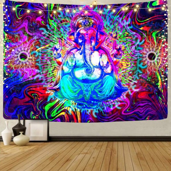Elephant Buddha - UV Reactive Tapestry with Wall Hanging Accessories UK