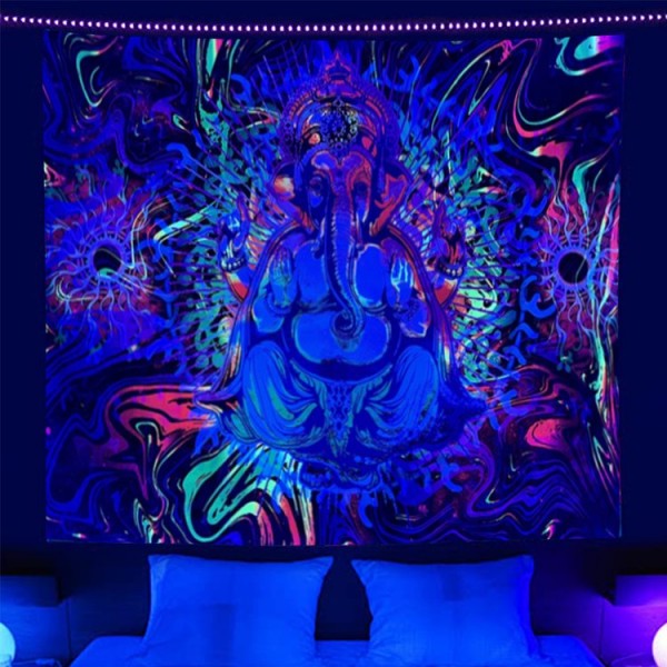 Elephant Buddha - UV Reactive Tapestry with Wall Hanging Accessories UK
