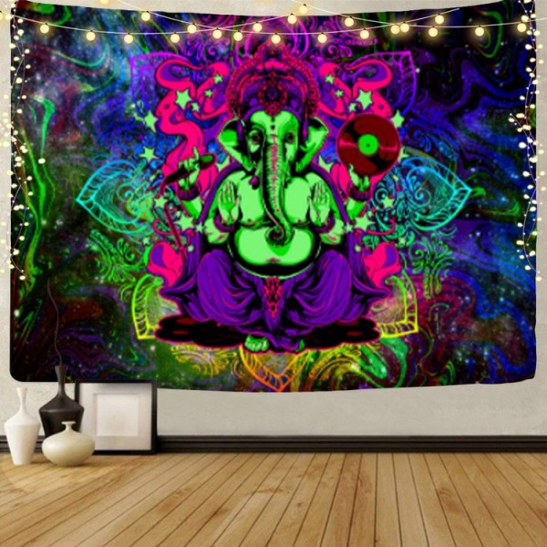 Elephant Buddha - UV Reactive Tapestry with Wall Hanging Accessories UK