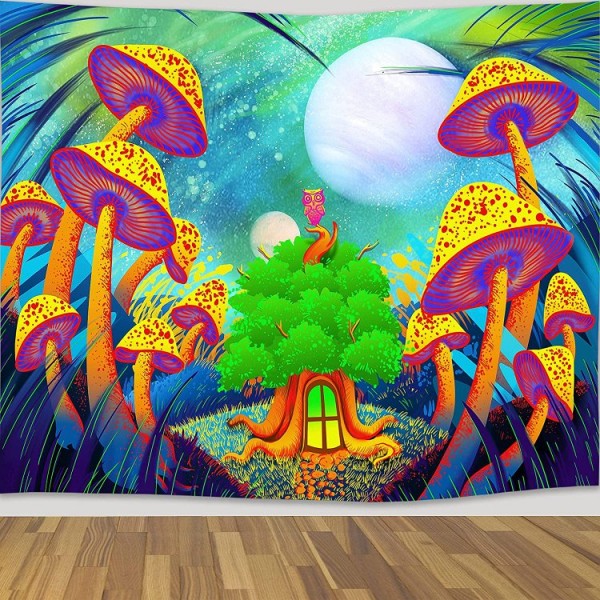 Mushroom - UV Reactive Tapestry with Wall Hanging Accessories UK