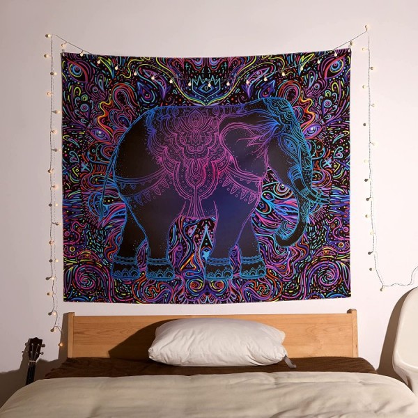 Elephant - UV Reactive Tapestry with Wall Hanging Accessories UK