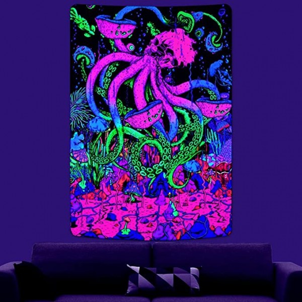 Skull Octopus - UV Reactive Tapestry with Wall Hanging Accessories UK