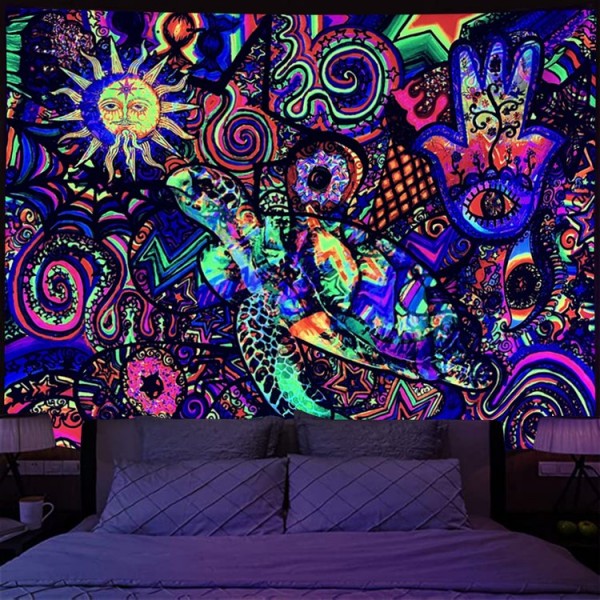 Psychedelic turtle - UV Reactive Tapestry with Wall Hanging Accessories UK