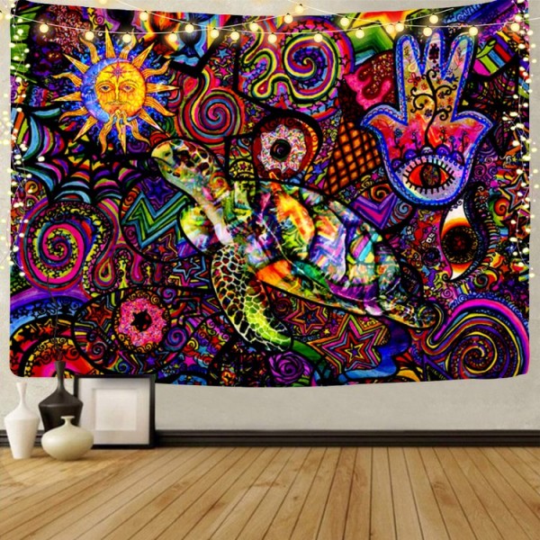 Psychedelic turtle - UV Reactive Tapestry with Wall Hanging Accessories UK