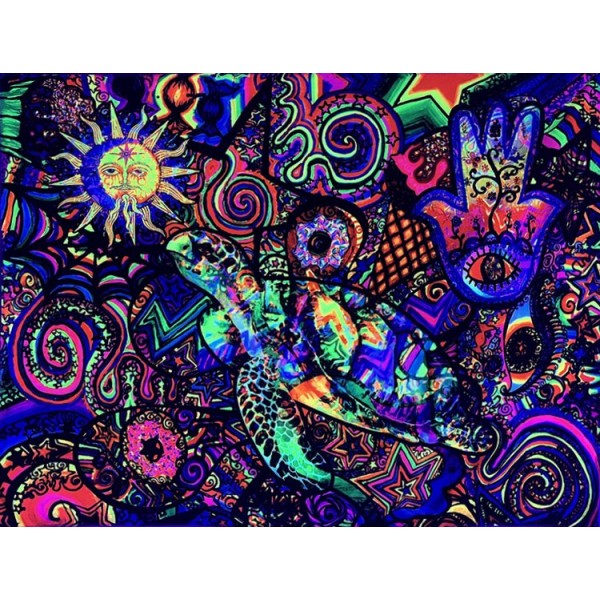 Psychedelic turtle - UV Reactive Tapestry with Wall Hanging Accessories UK
