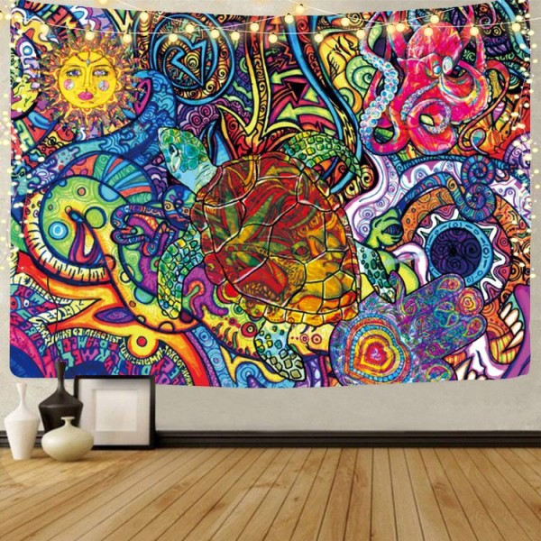 Psychedelic turtle - UV Reactive Tapestry with Wall Hanging Accessories UK