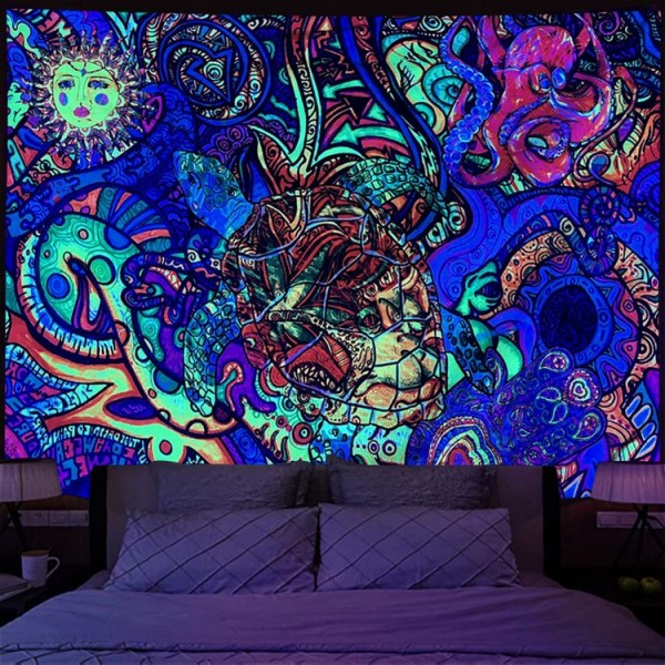 Psychedelic turtle - UV Reactive Tapestry with Wall Hanging Accessories UK