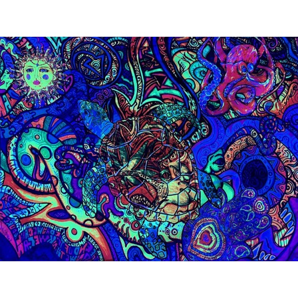 Psychedelic turtle - UV Reactive Tapestry with Wall Hanging Accessories UK