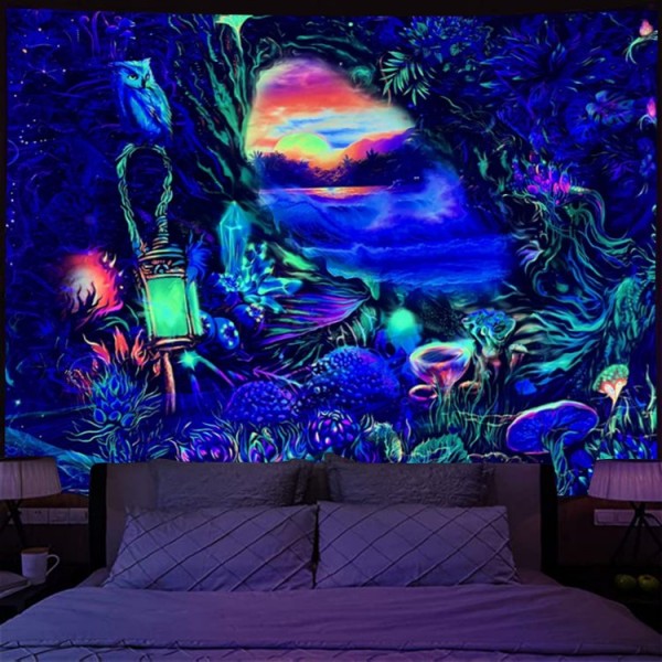 Mushroom Fairyland- UV Reactive Tapestry with Wall Hanging Accessories UK