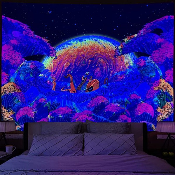 Moon Wave - UV Reactive Tapestry with Wall Hanging Accessories UK