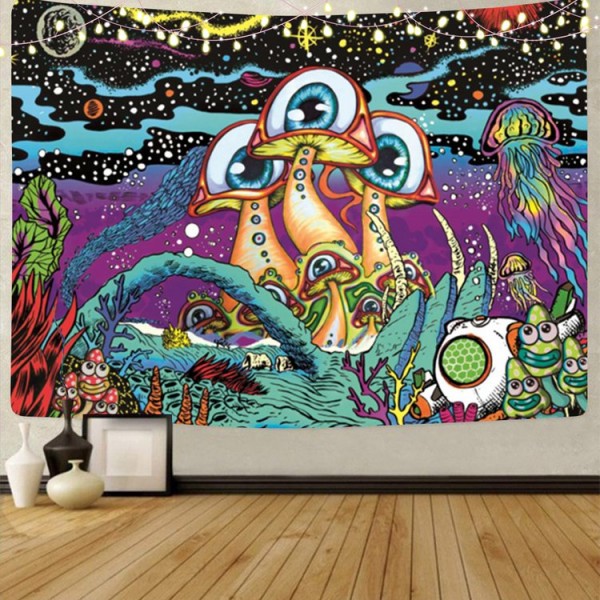Psychedelic Mushroom - UV Reactive Tapestry with Wall Hanging Accessories UK