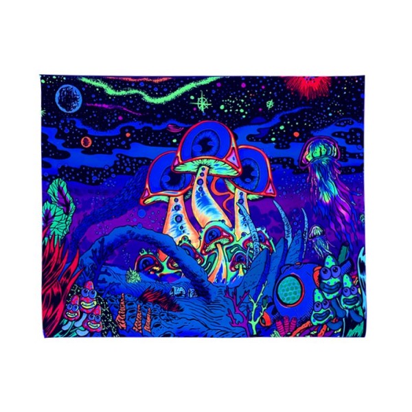 Psychedelic Mushroom - UV Reactive Tapestry with Wall Hanging Accessories UK