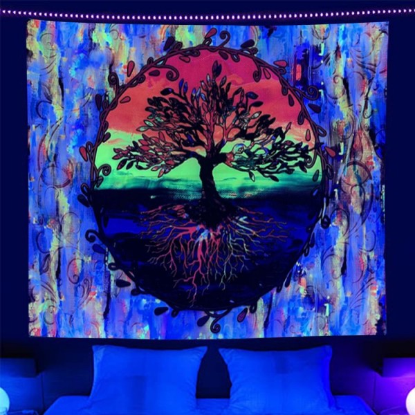 Psychedelic Tree - UV Reactive Tapestry with Wall Hanging Accessories UK
