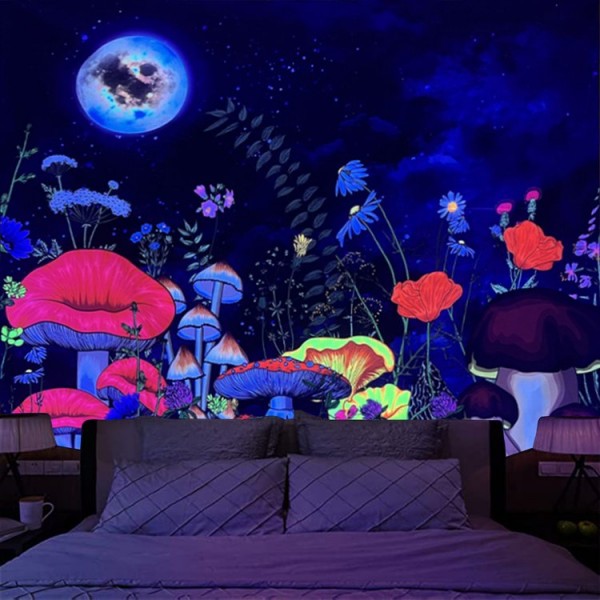 Mushroom - UV Reactive Tapestry with Wall Hanging Accessories UK