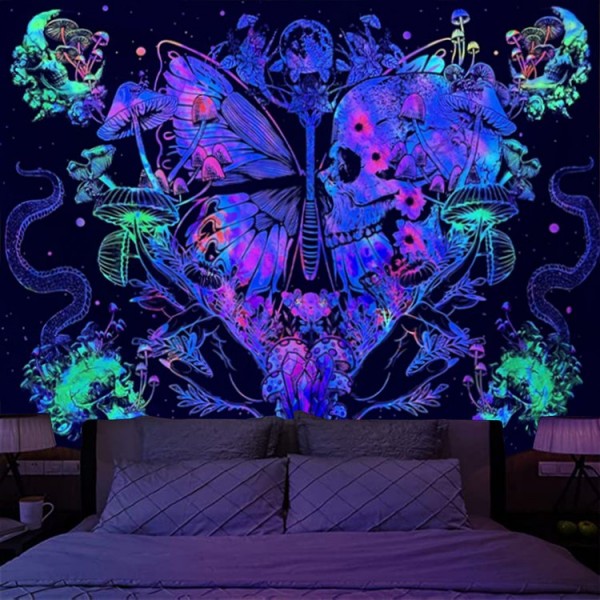 Skull - UV Reactive Tapestry with Wall Hanging Accessories UK