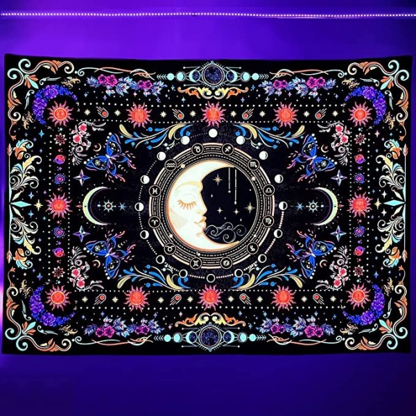 Psychedelic Moon - UV Reactive Tapestry with Wall Hanging Accessories UK