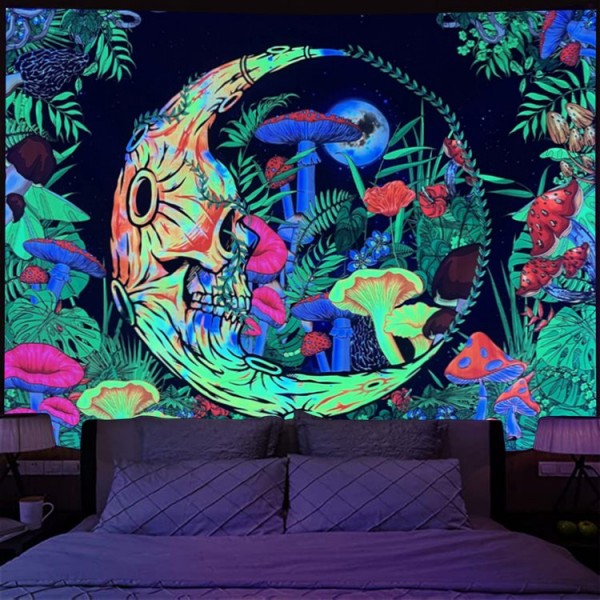 Mushroom - UV Reactive Tapestry with Wall Hanging Accessories UK
