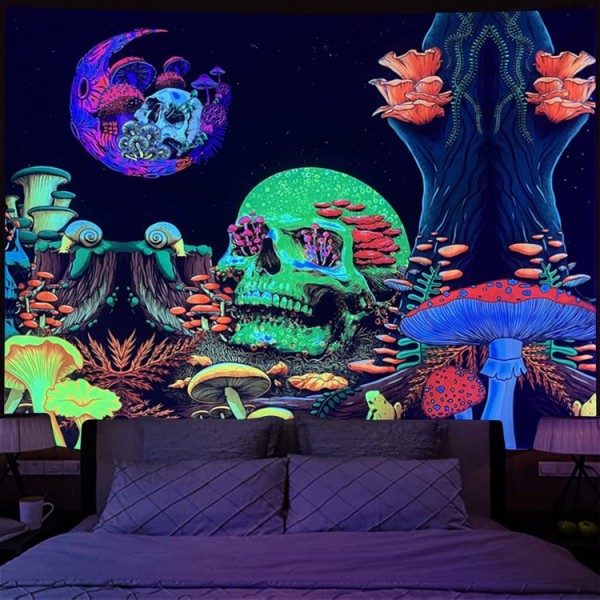 Skull - UV Reactive Tapestry with Wall Hanging Accessories UK