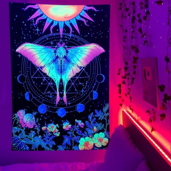 Moth - UV Reactive Tapestry with Wall Hanging Accessories UK