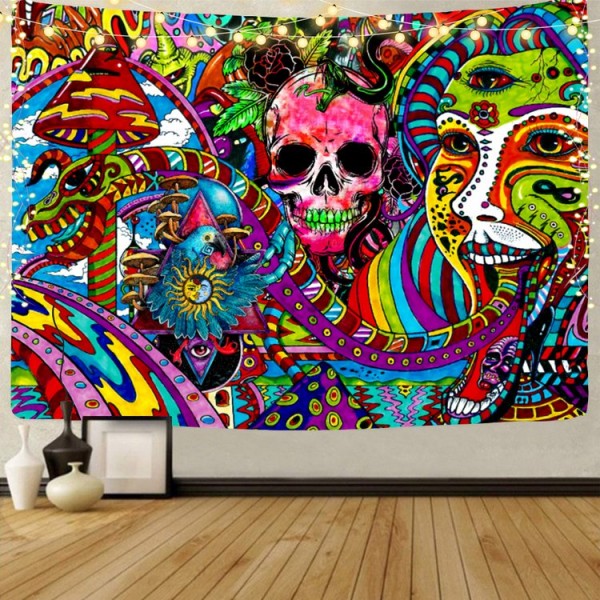 Psychedelic Skull - UV Reactive Tapestry with Wall Hanging Accessories UK