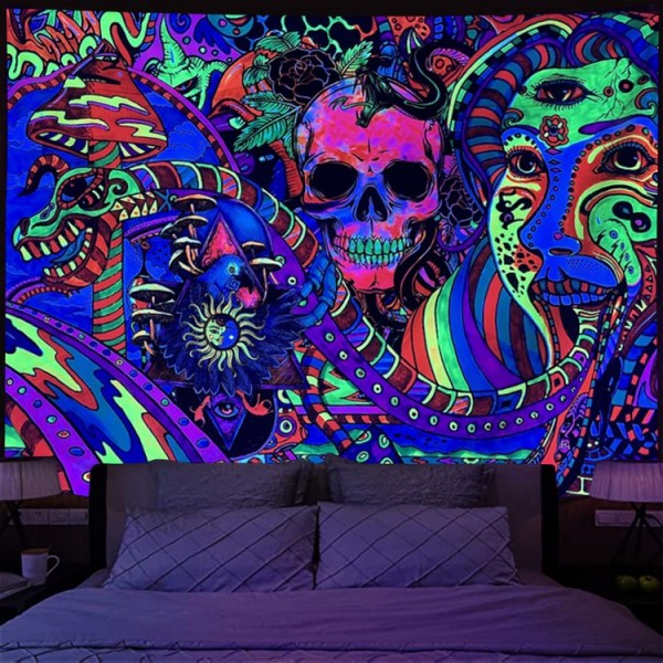 Psychedelic Skull - UV Reactive Tapestry with Wall Hanging Accessories UK
