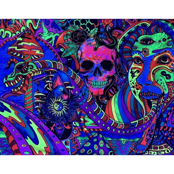 Psychedelic Skull - UV Reactive Tapestry with Wall Hanging Accessories UK