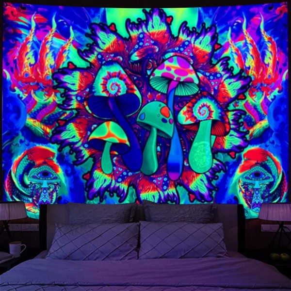 Mushroom - UV Reactive Tapestry with Wall Hanging Accessories UK