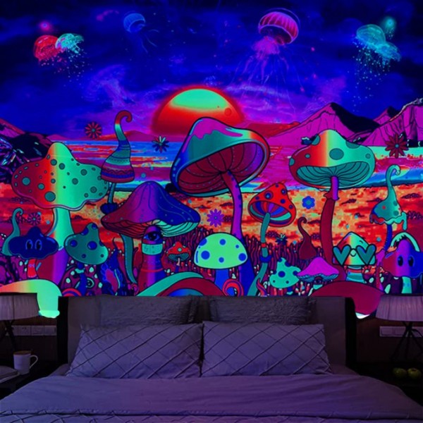 Mushroom - UV Reactive Tapestry with Wall Hanging Accessories UK