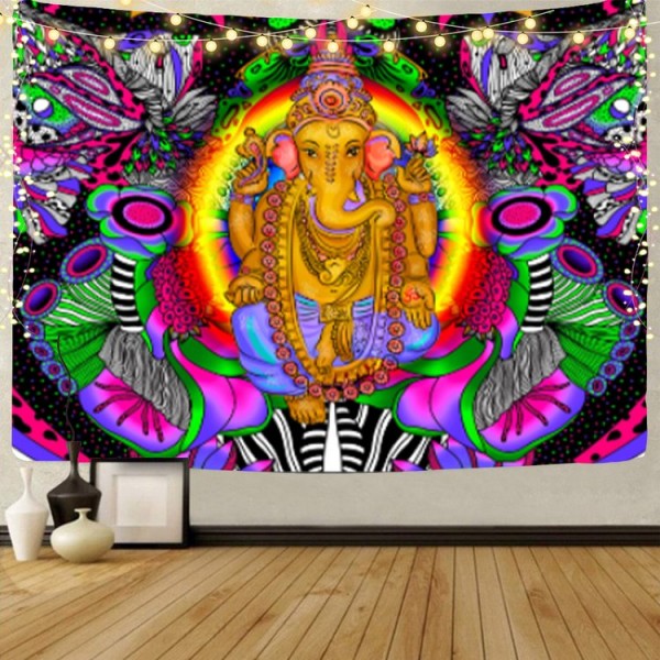 Elephant Buddha - UV Reactive Tapestry with Wall Hanging Accessories UK