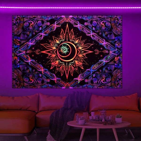 Psychedelic Moon - UV Reactive Tapestry with Wall Hanging Accessories UK
