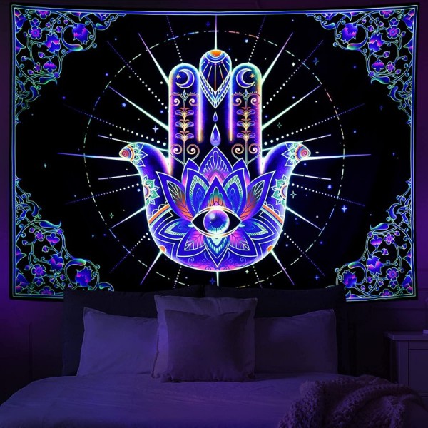 Hamsa hand - UV Reactive Tapestry with Wall Hanging Accessories UK