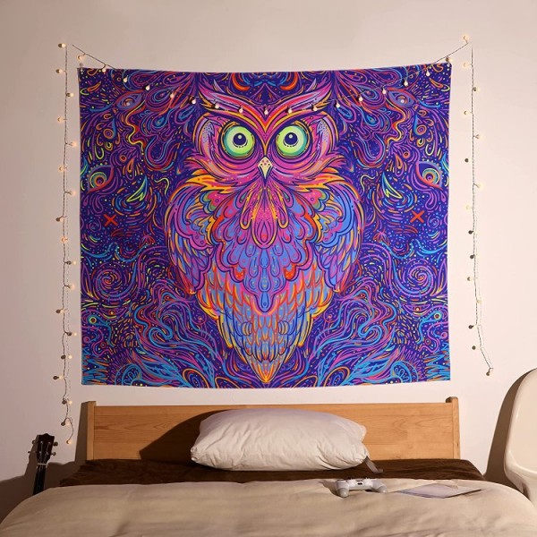 Owl - UV Reactive Tapestry with Wall Hanging Accessories UK