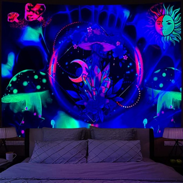 Mushroom - UV Reactive Tapestry with Wall Hanging Accessories UK
