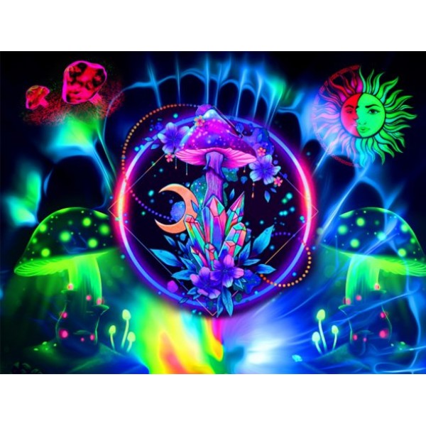Mushroom - UV Reactive Tapestry with Wall Hanging Accessories UK