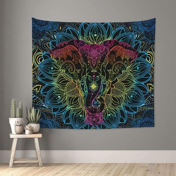 Elephant - UV Reactive Tapestry with Wall Hanging Accessories UK