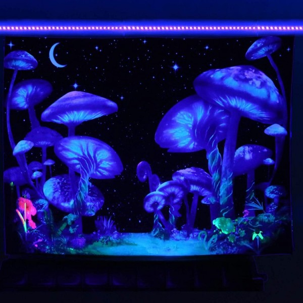 Psychedelic Mushroom - UV Reactive Tapestry with Wall Hanging Accessories UK