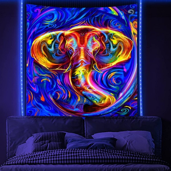 Elephant - UV Reactive Tapestry with Wall Hanging Accessories UK