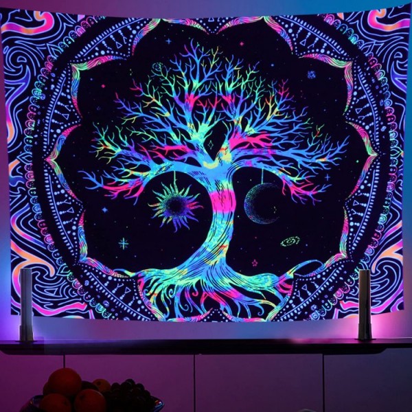 Psychedelic Tree - UV Reactive Tapestry with Wall Hanging Accessories UK